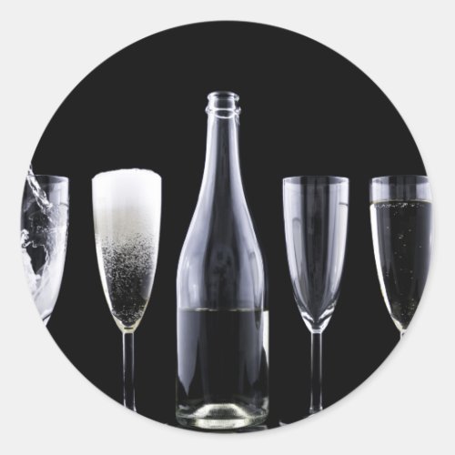 Black White Champagne Bottle Flute Glasses Festive Classic Round Sticker