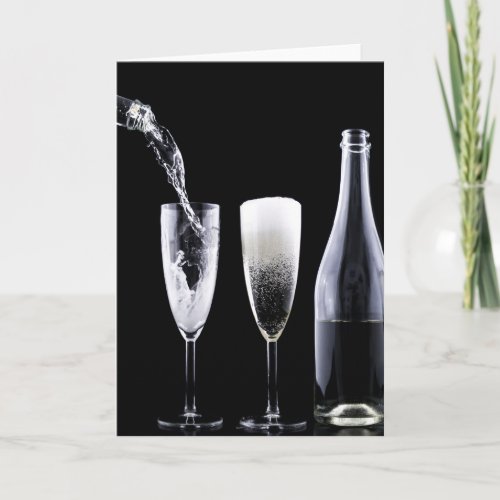 Black White Champagne Bottle Flute Glasses Festive Holiday Card