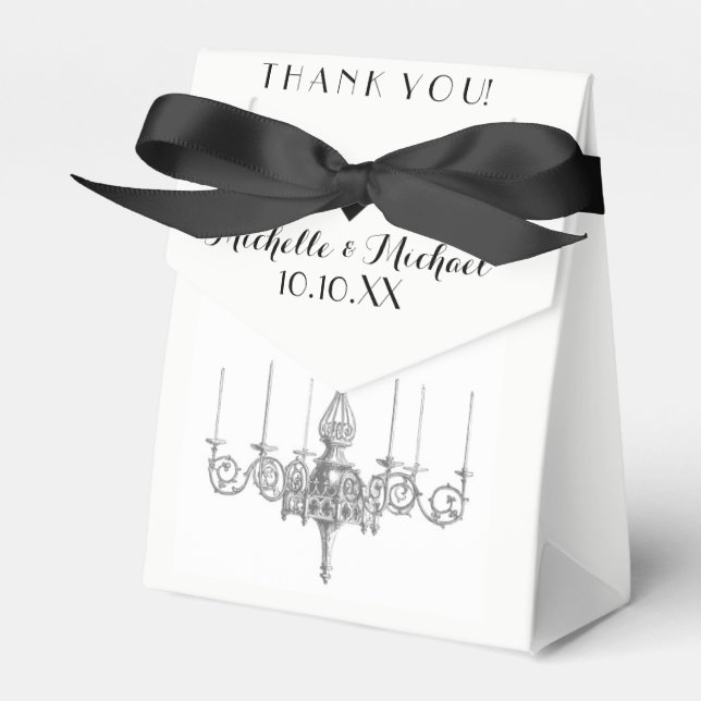 Black White Chandelier Names Date Wedding Favor Boxes (Front Side)