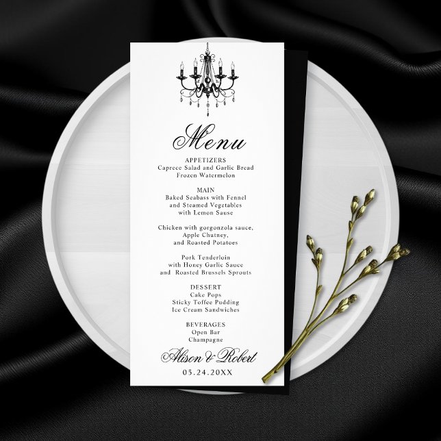 Black white chandelier Old Money wedding menu card (Creator Uploaded)