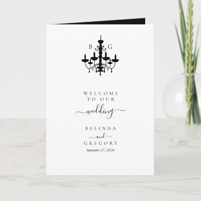 Black White Chandelier Wedding Order of Service Program (Front)