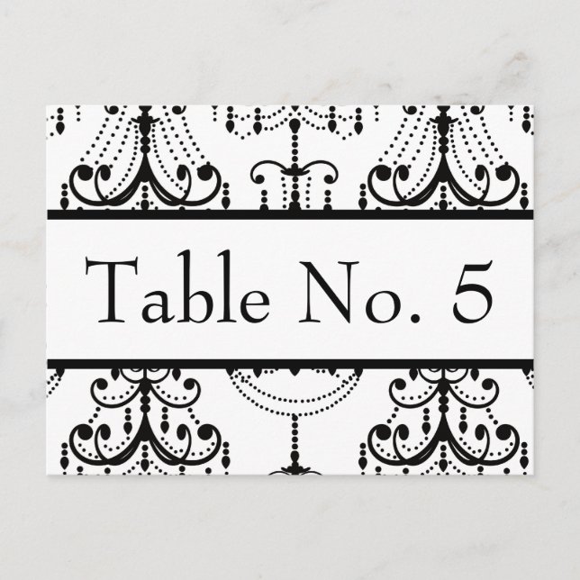Black&White Chandelier Wedding Postcard Table #'s (Front)