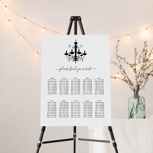 Black White Chandelier Wedding Seating Chart Foam Board (In Situ (Stand))