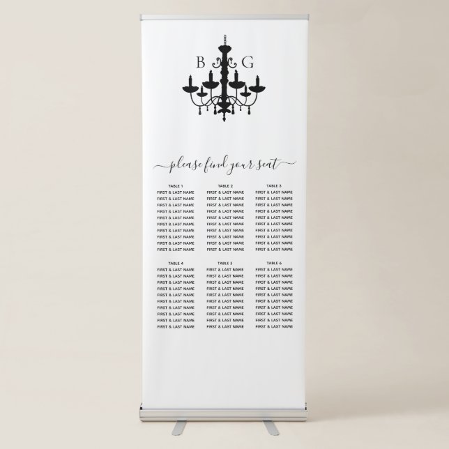 Black White Chandelier Wedding Seating Chart Retractable Banner (Front)