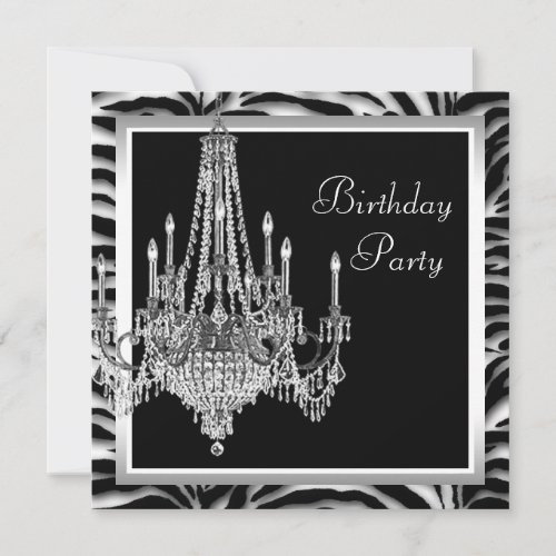 Black White Chandelier Zebra Birthday Party Invitation