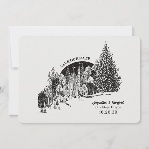 Black  White Charcoal Castle in the Forest Retro Save The Date
