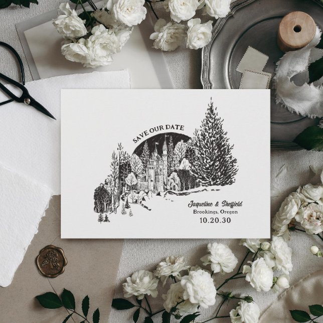 Black & White Charcoal Castle in the Forest Retro Save The Date (Creator Uploaded)