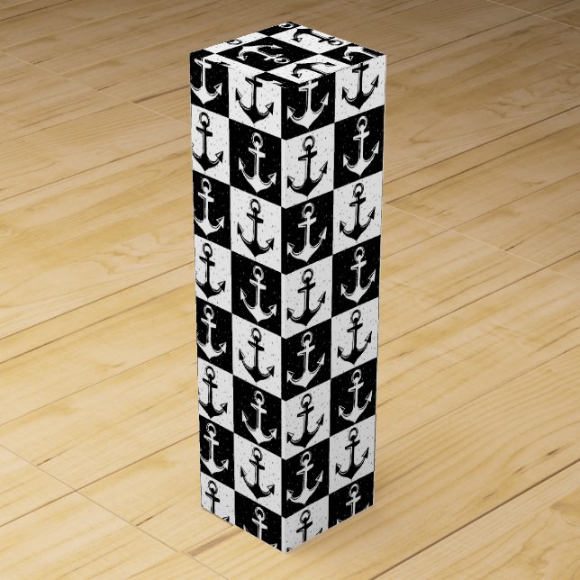 Black White Check Anchor Pattern Design  Wine Box (Front)
