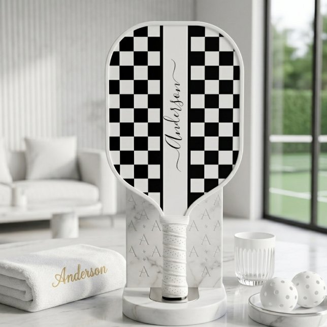 Black + White Check Checkered Monogrammed Pattern Carbon Fiber Pickleball Paddle (Creator Uploaded)