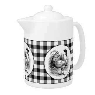 Black white check Country Rooster teapot