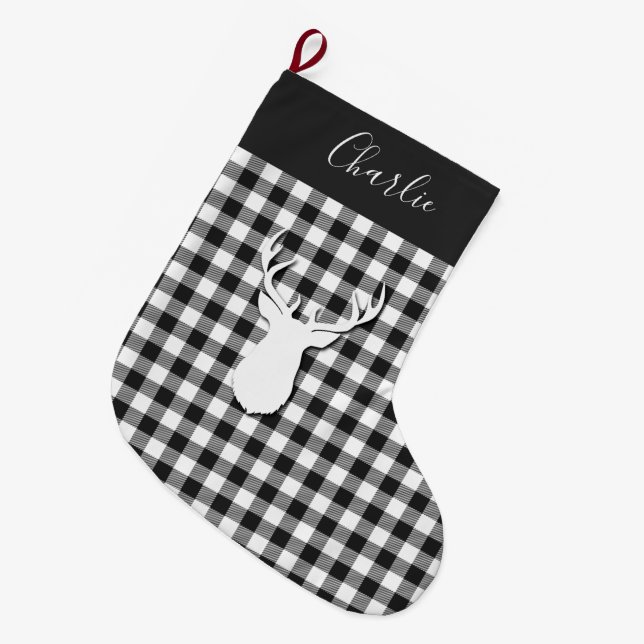 Black White Check Deer Custom Large Christmas Stocking (Front (Hanging))