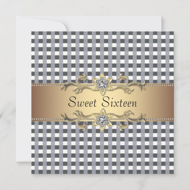Black White Check Gold Sweet Sixteen Invitation (Front)