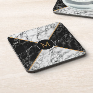 Black White Check Marble Custom Letter Coaster