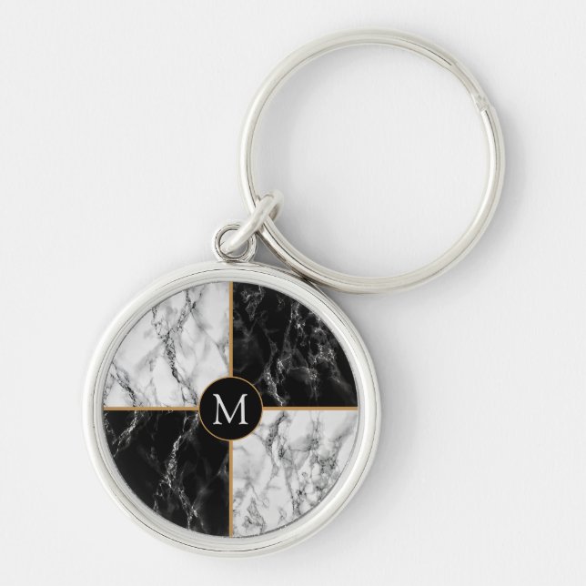 Black White Check Marble Keychain - Your Letter (Front)