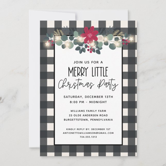 Black White Check Merry Little Christmas Party Invitation (Front)