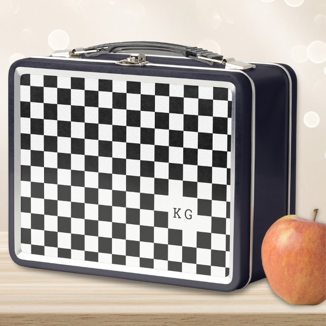 Black & White Check Pattern Monogram Initials Metal Lunch Box (Creator Uploaded)
