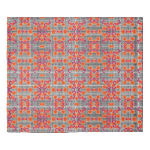 Black White Check Pattern Orange Pink Flowers Duvet Cover