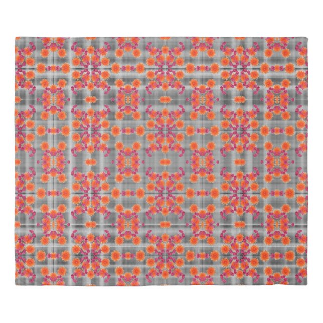 Black White Check Pattern Orange Pink Flowers  Duvet Cover (Front)