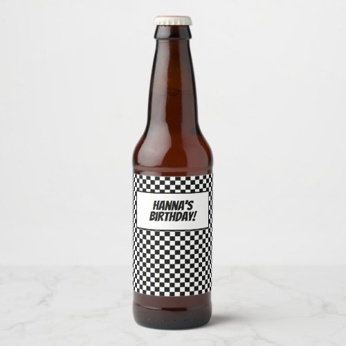 Black White Check Pattern Racing Theme Birthday Beer Bottle Label