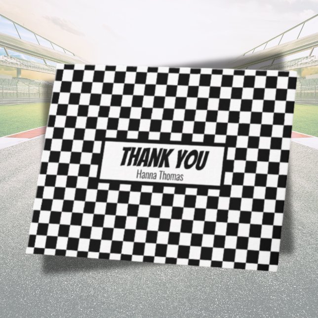 Black White Check Pattern Racing Theme Birthday Letterpress Thank You Card (racing theme thank you card personalized)