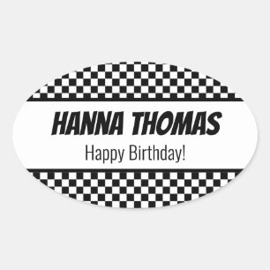 Black White Check Pattern Racing Theme Birthday Oval Sticker