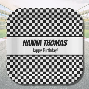 Black White Check Pattern Racing Theme Birthday Paper Plates