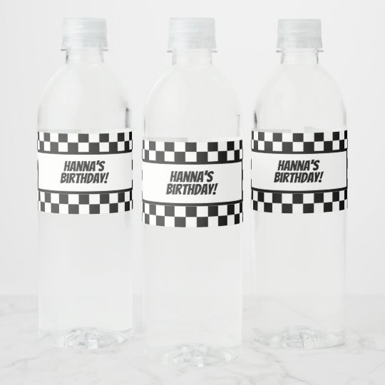 Black White Check Pattern Racing Theme Birthday Water Bottle Label ...