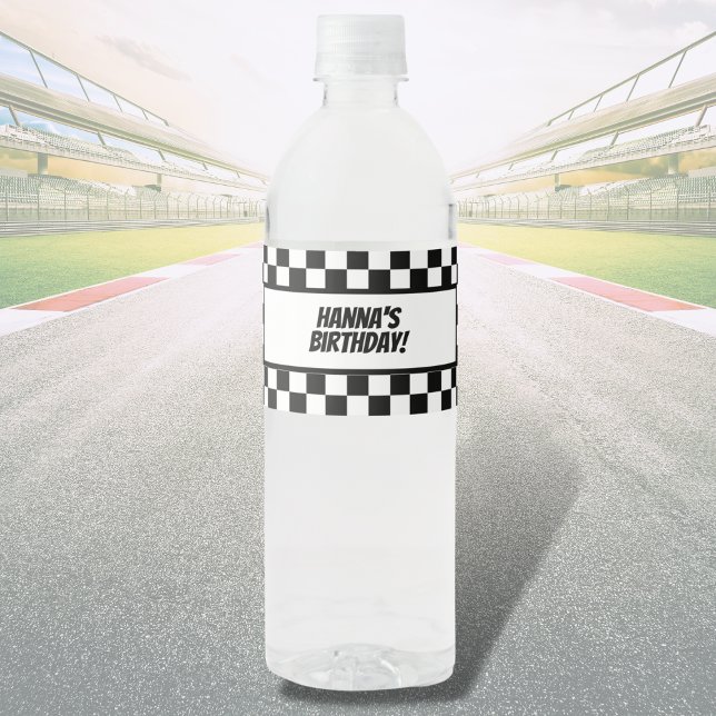 Black White Check Pattern Racing Theme Birthday Water Bottle Label (Creator Uploaded)