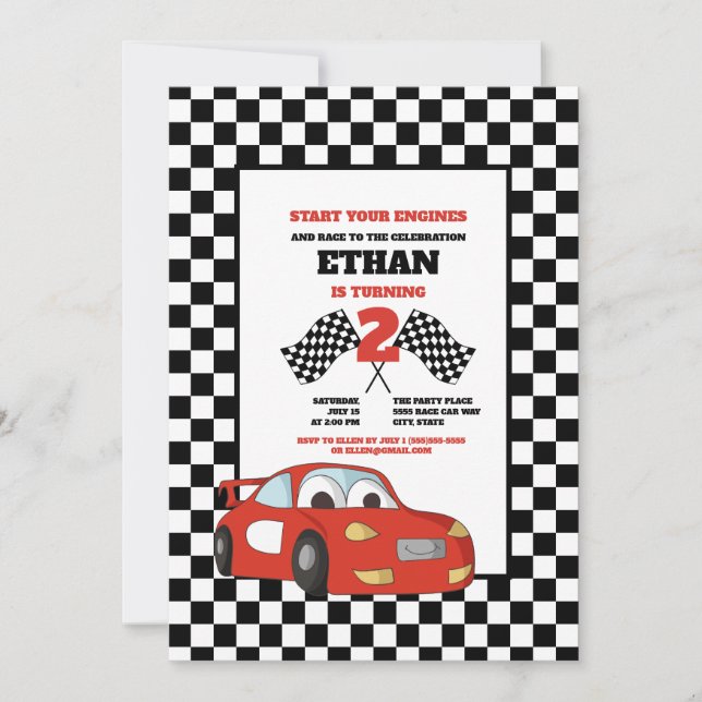 Black White Check Red Race Car 2nd Birthday Party Invitation (Front)