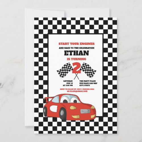 Black White Check Red Race Car 2nd Birthday Party Invitation