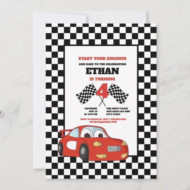 Black White Check Red Race Car 4th Birthday Party Invitation (Front)