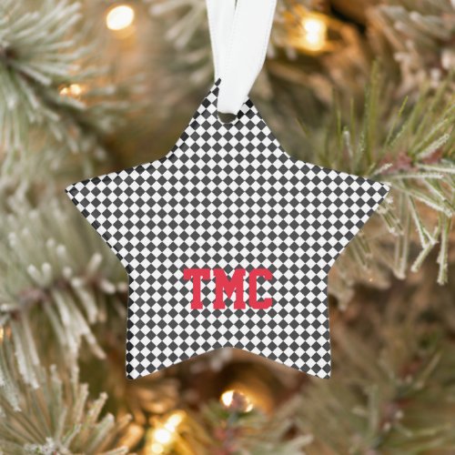 Black White Check Sports Racing INITIALS Red Star Ornament