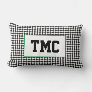 Black White Check Sports Team Racing INITIALS Fun Lumbar Pillow