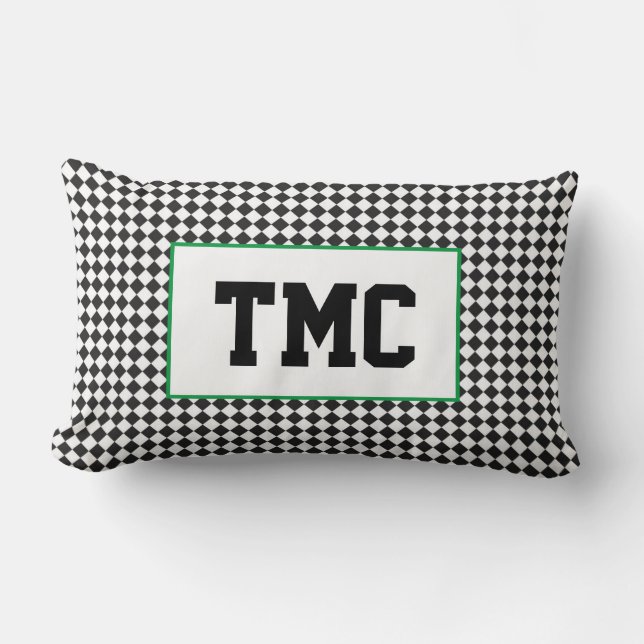 Black White Check Sports Team Racing INITIALS Fun Lumbar Pillow (Front)