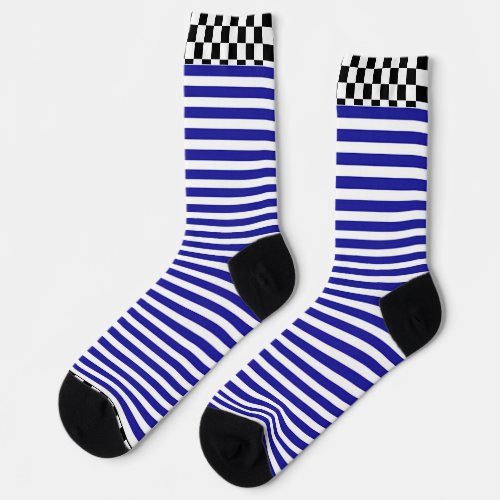 Black + White Check Trim Blue Stripe  Socks