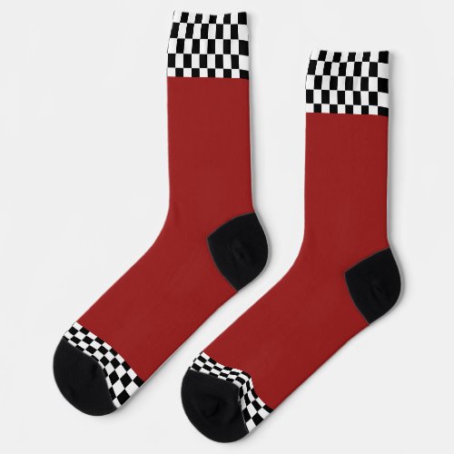 Black + White Check Trim Dk Red   Socks