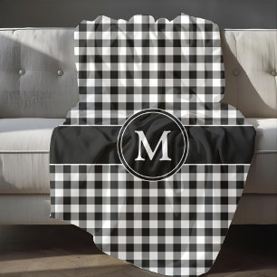 Black White Checked Buffalo Plaid Pattern Monogram Fleece Blanket