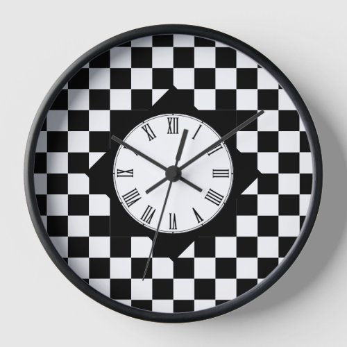 Black  White Checked square pattern  Retro  Clock