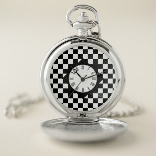Black & White Checked square pattern / Retro Pocket Watch