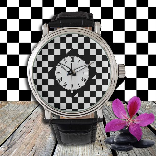 Black  White Checked square pattern  Retro Watch
