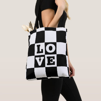 Black White Checker LOVE Tote Bag