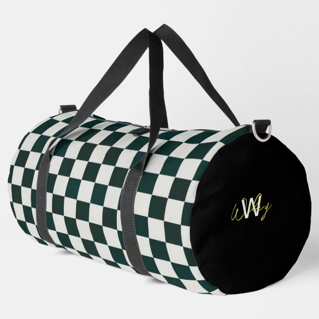Black White Checker Personalized Duffle Bag (Left Corner)