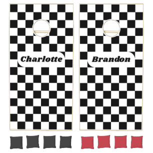 Black & White Checker with Names Cornhole Set