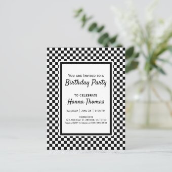 Black White Checkerboard Birthday Invitation Postc | Zazzle