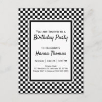 Black White Checkerboard Birthday Invitation Postc