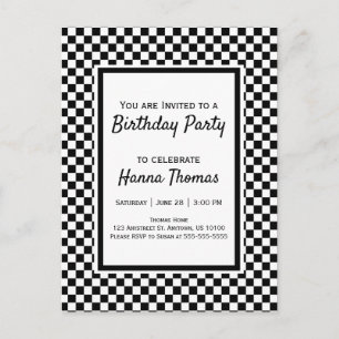 Black White Checkerboard Birthday Invitation Postc Postcard
