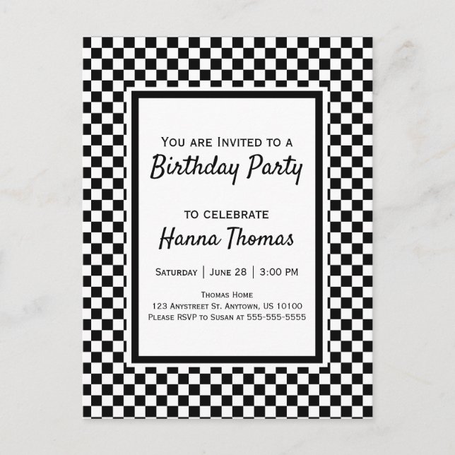 Black White Checkerboard Birthday Invitation Postc Postcard (Front)