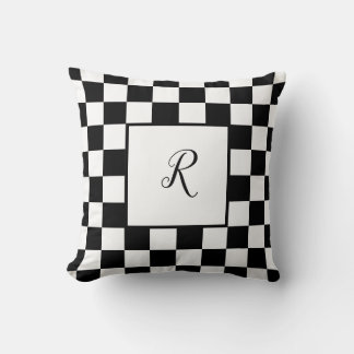 Black & White Checkerboard Design with Monogram Throw Pillow