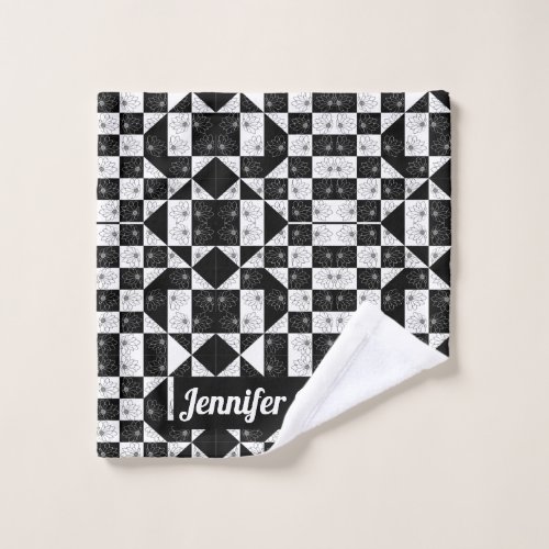 Black  white checkerboard floral Custom Name Wash Cloth