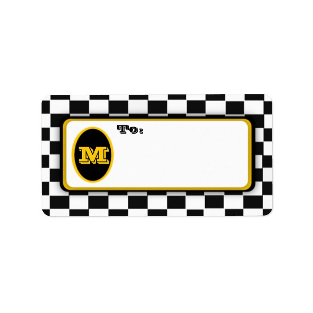 Black White Checkerboard Monogrammed Mail Labels (Front)